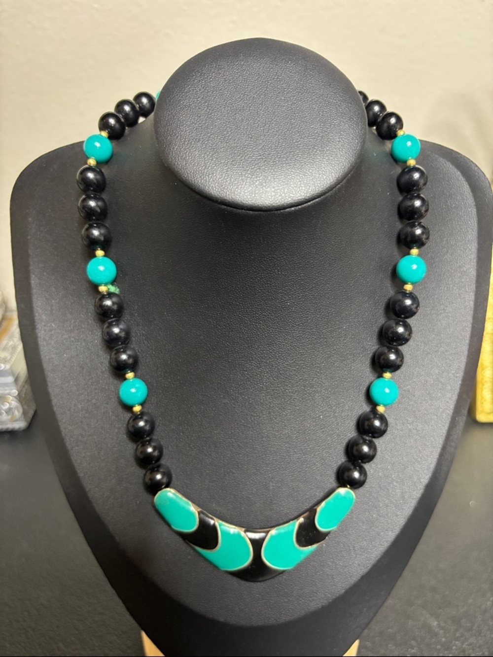Vintage 80’s Black Blue Enamel Station Beaded Necklace